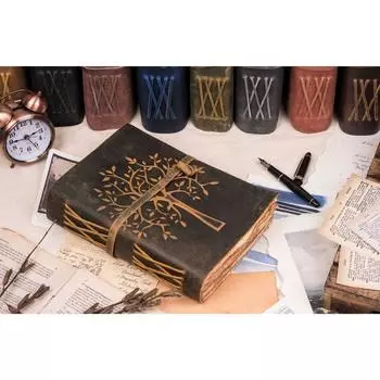 Винтажный кожаный журнал ручной работы «Древо жизни» с бумажными краями, 200 страниц 6 x 4 in чёрный