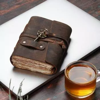 Винтажный кожаный журнал ручной работы с ключом и 200 старинной хлопковой акварельной бумаги 7 x 5 in коричневый