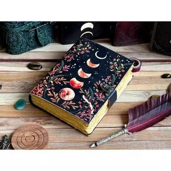 Винтажный кожаный журнал с фазами луны для мужчин и женщин, 200 страниц состаренной бумаги ручной работы с неровным краем, кожаный скетчбук, 7 x 5 in