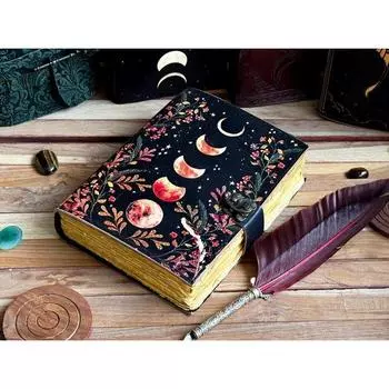 Винтажный кожаный журнал с фазами луны для мужчин и женщин, 200 страниц состаренной бумаги ручной работы с неровным краем, кожаный скетчбук, рождественский подарок 7 x 5 in