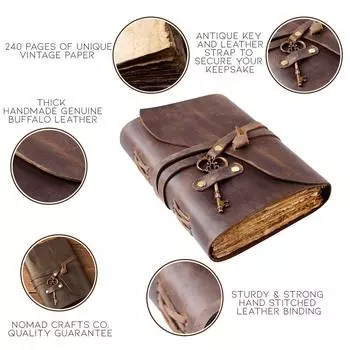 Винтажный кожаный журнал с ключом - А5 7 x 5 in коричневый