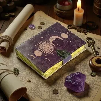Винтажный кожаный журнал «Солнце и луна» • Викканский декор, Книга теней, гримуар, журнал для мужчин и женщин, подарок «Солнце и луна». 7 x 5 in