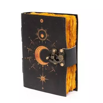 Винтажный кожаный журнал Sun Moon Design с замком, антикварная бумага с краями 7 x 5 in чёрный