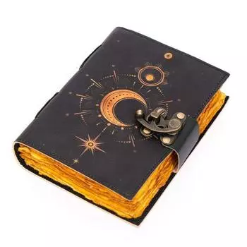 Винтажный кожаный журнал Sun Moon Design с замком, антикварная бумага с краями 7 x 5 in чёрный
