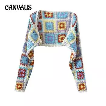 Винтажный красочный ажурный вязаный кардиган с длинными рукавами, женский осенний кардиган, короткие шикарные топы One Size красный