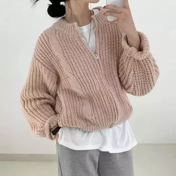 Винтажный круглый воротник повседневный свободный длинный рукав вязаный кардиган корейский шикарный осенне-зимний свитер с застежкой-молнией в полоску 23703 One Size розовый