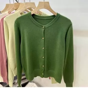 Винтажный круглый вырез свободный длинный рукав вязаный свитер кардиган женские топы осенняя мода верхняя одежда повседневные кардиганы женский однотонный трикотаж куртка 24859 One Size чёрный