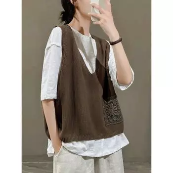 Винтажный кружевной лоскутный трикотажный жилет с V-образным вырезом, повседневный топ без рукавов, женский трикотажный пуловер, тонкий свитер в стиле Харадзюку, осень M жёлтый