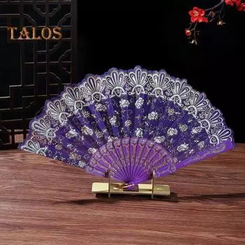 Винтажный кружевной складной веер Портативный цветочный узор Элегантный ручной вентилятор Легкий пластиковый ребристый ручной веер для танцевальных выступлений Реквизит для фотографий королевский синий