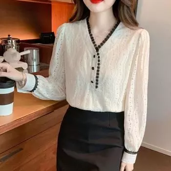 Винтажный кружевной топ с французским дизайном, элегантный и стильный для осеннего образа S абрикосовый