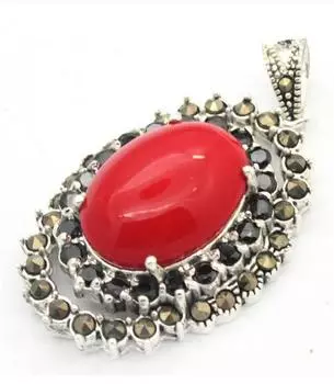 ВИНТАЖНЫЙ КУЛОН ИЗ СТЕРЛИНГОВОГО СЕРЕБРА 925 ПРОБЫ ИМИТАЦИЯ КРАСНОГО КОРАЛЛА МАРКАЗИТА 40x23мм