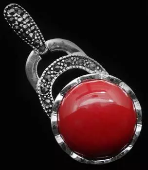 ВИНТАЖНЫЙ КУЛОН ОЖЕРЕЛЬЕ ИЗ СТЕРЛИНГОВОГО СЕРЕБРА 925 ИМИТАЦИЯ КРАСНОГО КОРАЛЛА МАРКАЗИТА 40X20mm