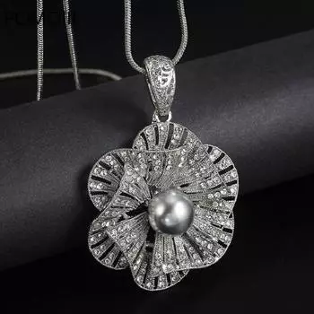 Винтажный кулон с цветком, длинное ожерелье для женщин, новые аксессуары для свитеров, милые подарки Other серый