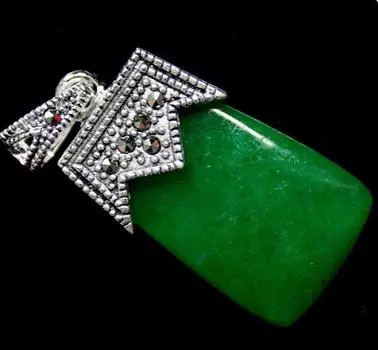 ВИНТАЖНЫЙ КУЛОН СЕРЕБРА 925 ПРОБЫ 30X15MM ЗЕЛЕНЫЙ НЕФРИТОВЫЙ МАРКАЗИТНЫЙ КУЛОН