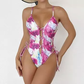 Винтажный купальник с принтом, цельный бандажный монокини, женский сексуальный полый купальный костюм S