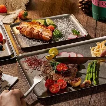 Винтажный квадратный поднос из нержавеющей стали 304 со снежинками и серебром, тарелка для обеда с круглым краем, поднос для гриля, декоративный поднос для стейка