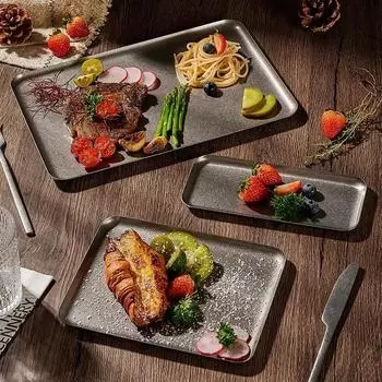 Винтажный квадратный поднос из нержавеющей стали 304 со снежинками и серебром, тарелка для обеда с круглым краем, поднос для гриля, декоративный поднос для стейка