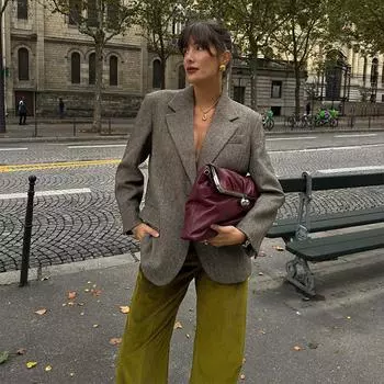 Винтажный лацкан с узором «ёлочка» для костюма, пальто для женщин, повседневные однобортные пиджаки с карманами, пальто для леди, осенний шик, уличная верхняя одежда S серый