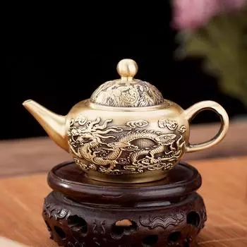 Винтажный латунный чайник с драконом и фениксом — настольный и домашний декор