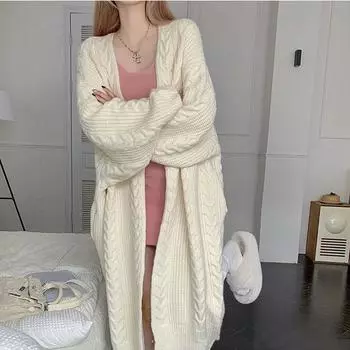 Винтажный ленивый стиль, универсальный вязаный узор из конопли, осенне-зимний свободный толстый теплый длинный кардиган, свитер, пальто, женская одежда ONE SIZE