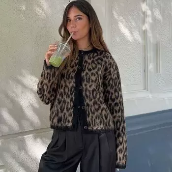 Винтажный леопардовый принт мохер женские кардиганы вязаный O-образный вырез однобортный короткий свитер 2024 осень женская повседневная уличная одежда новинка S