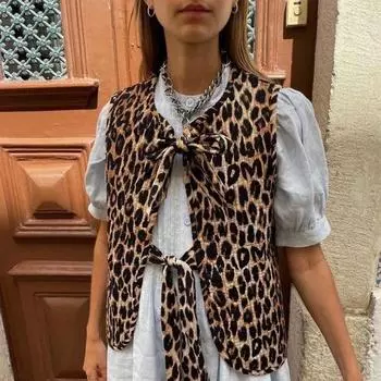 Винтажный леопардовый принт жилет на шнуровке для женщин элегантный V-образный вырез без рукавов бант летние уличные женские рубашки с разрезом M