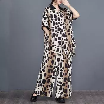 Винтажный летний повседневный комплект больших размеров из 2 предметов, свободная футболка, женская футболка, широкие брюки