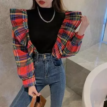 Винтажный лоскутный топ RUGOD, женские шикарные водолазки в клетку контрастного цвета, женские универсальные модные топы, весна 2021 г.