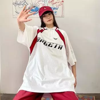 Винтажный лоскутный топ с буквами в американском стиле, рубашка с короткими рукавами и короткими рукавами, женская футболка-поло, летняя свободная одежда M белый