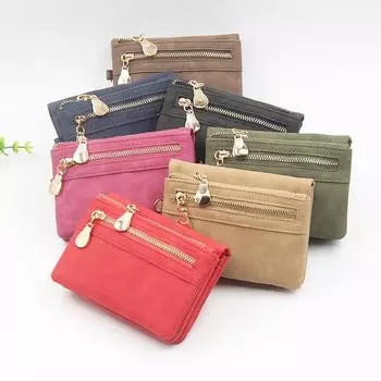 Винтажный маленький двойной складной молния с ремешком на запястье, короткий кошелек из искусственной кожи, портативный кошелек с несколькими картами и окошком для удостоверения личности R978-Darkgreen