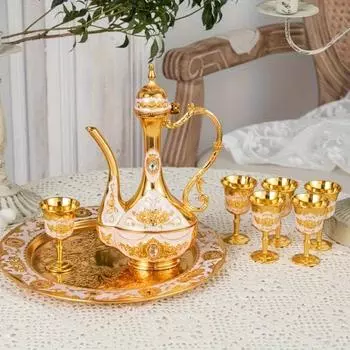 Винтажный металлический турецкий кофейник, чайный сервиз в европейском стиле, 6 роскошных кофейных чашек, поднос для чая и чайник для подачи чая, кофе, капучино