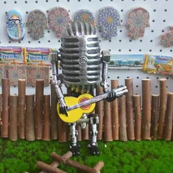 Винтажный микрофон-робот, ночник, работающий от батареек, подвижные соединения, держащий гитару, рок-микрофон, робот, светодиодный настольный светильник, украшение для рабочего стола, орнамент A