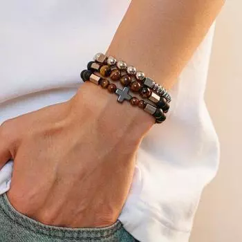 Винтажный многослойный браслет из бисера для мужчин, модные браслеты в стиле хип-хоп, тигровый глаз CCB, титановые стальные браслеты с крестообразными бусинами, аксессуары для мужчин