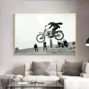 Винтажный мотоцикл Прыжок Фото Британский Стиль Мод Настенная Живопись Холст Печать Черно-Белый Плакат Для Гостиной Домашний Декор Cuadros 21x30cm No Framed