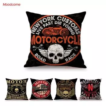 Винтажный мотоклуб New York Motor Race, забавный чехол для подушки, черный чехол с буквенным принтом Live Fast Die Young, льняной чехол для дивана 450mm*450mm