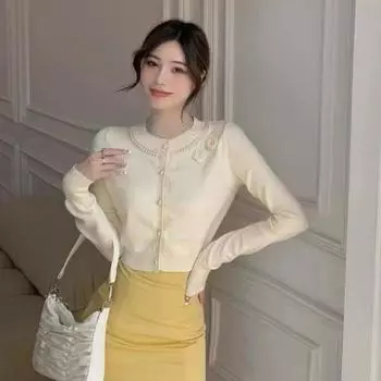 Винтажный мягкий вязаный кардиган с цветочным принтом, женский короткий свитер в стиле вестерн, весна-осень 2022, повседневный свитер с длинными рукавами и кардиганом, топ