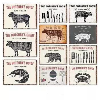 Винтажный мясной путеводитель металлические знаки ретро оловянные настенные таблички бар паб гараж ресторан металлическая пластина индивидуальный подарок домашний декор 20x30cm
