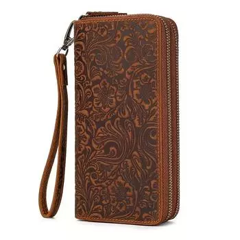 Винтажный мужской длинный кошелек из натуральной кожи с тиснением цветка, двойная молния, клатч, держатель для карт, кошелек коричневый