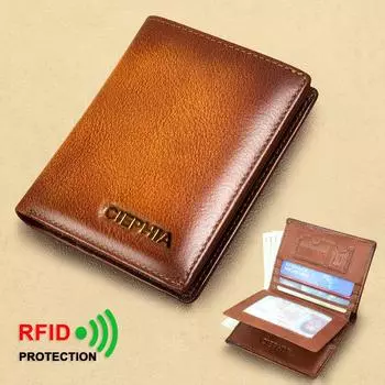 Винтажный мужской кошелек из натуральной кожи с блокировкой RFID, короткий кошелек из коровьей кожи с 2 окошками для удостоверения личности, подарок для него коричневый