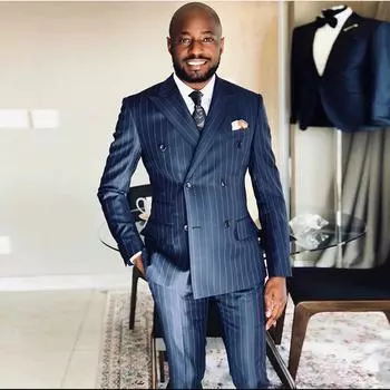 Винтажный мужской костюм из 2 предметов, модный клетчатый приталенный пиджак + брюки, деловая певица, одежда для свадебной вечеринки, темно-синяя полоска S тёмно-синий