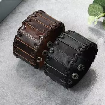 Винтажный мужской кожаный браслет Винтажный кожаный плетеный браслет регулируемый размер Винтажный однотонный браслет для повседневной носки мужчин коричневый