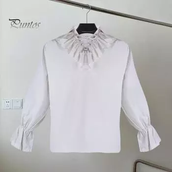 Винтажный мужской топ в средневековом стиле эпохи Возрождения с гофрировкой на шнуровке и отложным воротником, сплошной цвет, с длинными пышными рукавами, плиссированный костюм для Хэллоуина M бежевый