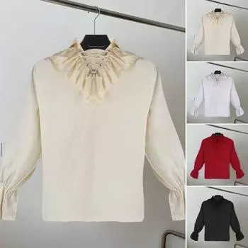 Винтажный мужской топ в средневековом стиле эпохи Возрождения с гофрировкой на шнуровке и отложным воротником, однотонный, с длинными пышными рукавами, плиссированный, на Хэллоуин M бежевый