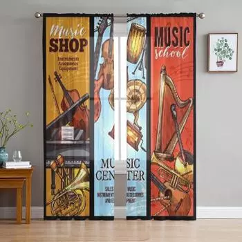 Винтажный музыкальный магазин Добавить в Лайтбокс Тюлевые прозрачные шторы для гостиной, спальни, кухни, украшения, вуаль, шторы из органзы 135W x 114H(cm)