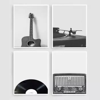 Винтажный музыкальный реквизит, скандинавская картина на холсте, домашний декор, настенное искусство, ретро, черно-белая гитара, виниловая пластинка, картина для комнаты, минималистское искусство 21x30cm No Framed