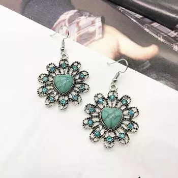 Винтажный набор ожерелье и серьги Богемный Древнее серебро Бирюза Цепочка-воротник для свитера Ключичная цепочка Универсальные серьги