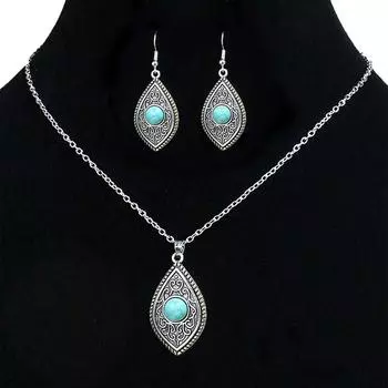 Винтажный национальный имитация бирюзы женский комплект сережек ожерелье античный сплав серебра зеленый ожерелье серьги