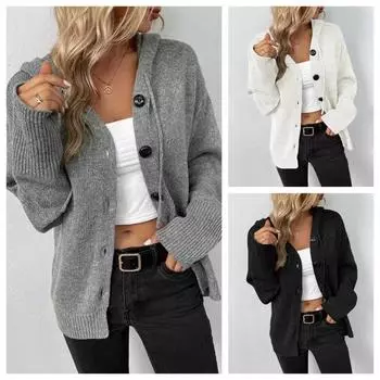 Винтажный однотонный вязаный кардиган для женщин, свободные толстовки с капюшоном, однобортный женский свитер с длинным рукавом, осенний новый женский трикотаж S темно-серого