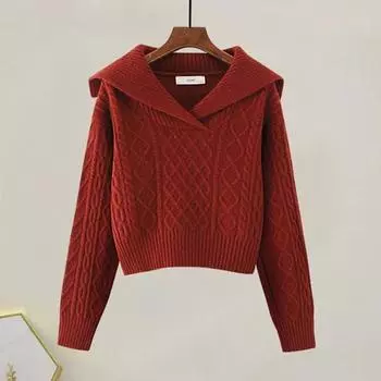 Винтажный отложной воротник свободные пуловеры свитера женские осенние и зимние длинные рукава повседневные вязаные свитера женские простые однотонные модные трикотажные изделия 25409 One Size красный