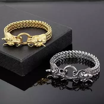 Винтажный панк-браслет для мужчин из нержавеющей стали, двойная голова дракона и звенья-цепочка, мужской браслет, ювелирные изделия в стиле викингов, хип-поп, уличная культура серебряный